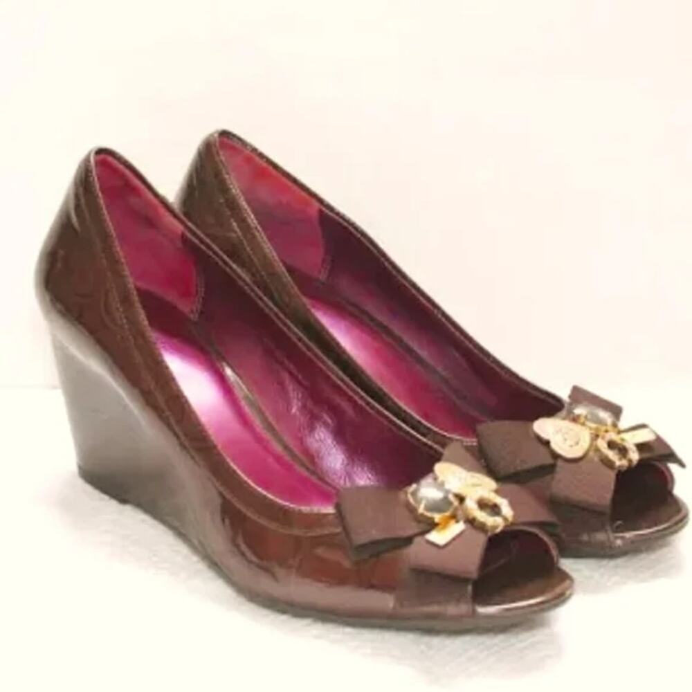 Coach Women's Brown Patent Leather JAYDEN PEEPTOE Wedge Pumps Heels Size 8 - Picture 1 of 13